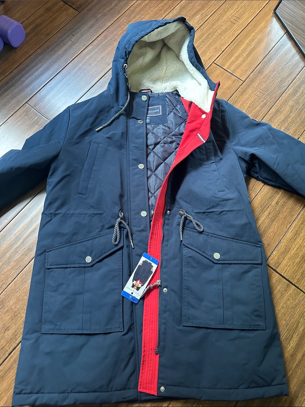Tommy Hilfiger Navy Parka with Red Zip Placket and Sherpa Hood